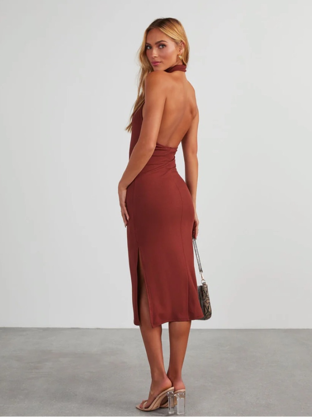 Vici Rust Midi Halter Fitted Dress - Picture 2 of 12